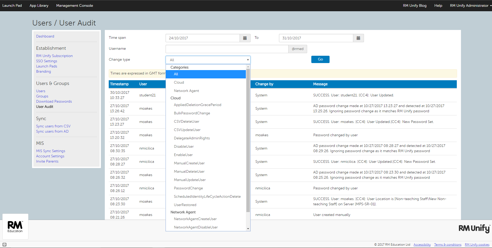 RM Unify management console